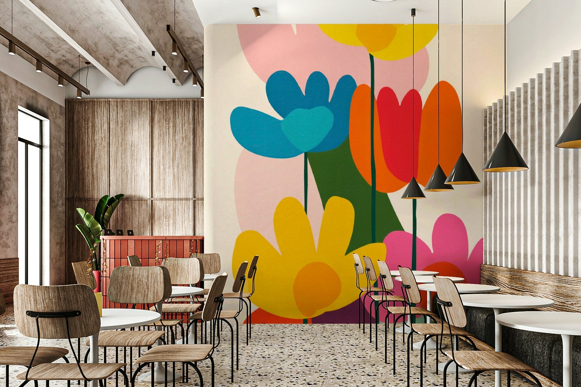 Mid-Century Modern Floral mural with retro flower motifs, GD2141
