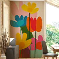 Vintage-inspired floral wall design in bold 60s colors

