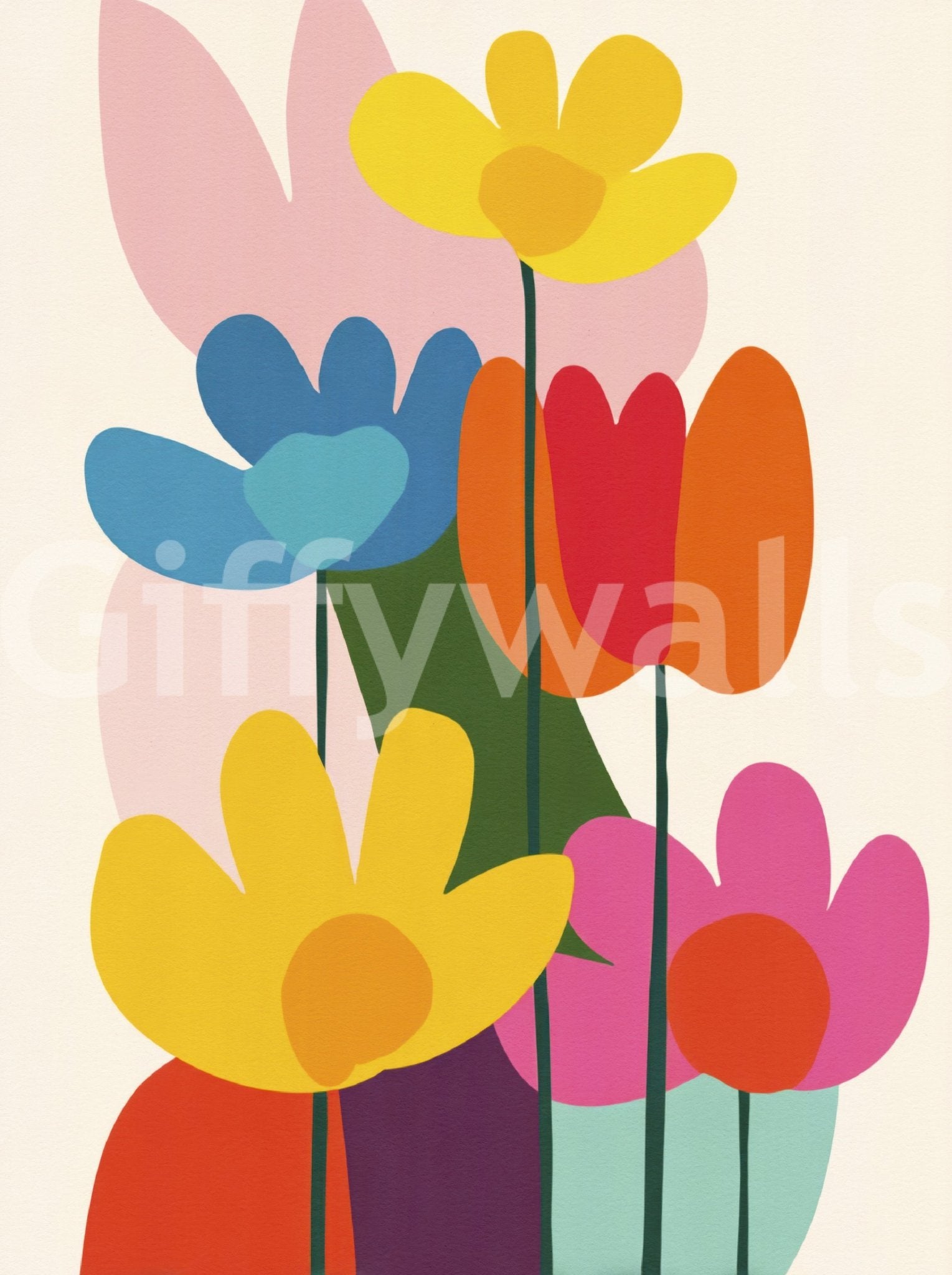 Dining area featuring mid-century floral wall mural

