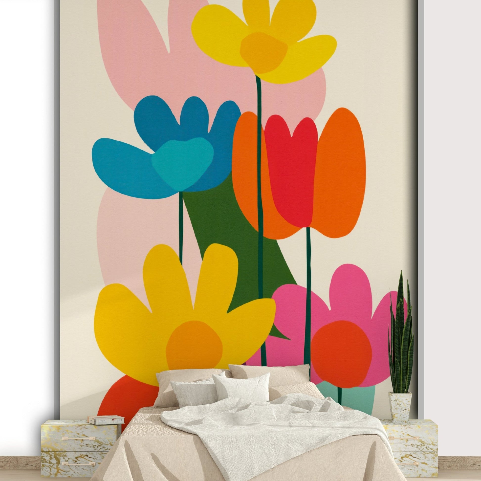 Graphic flower pattern mural with retro-modern charm

