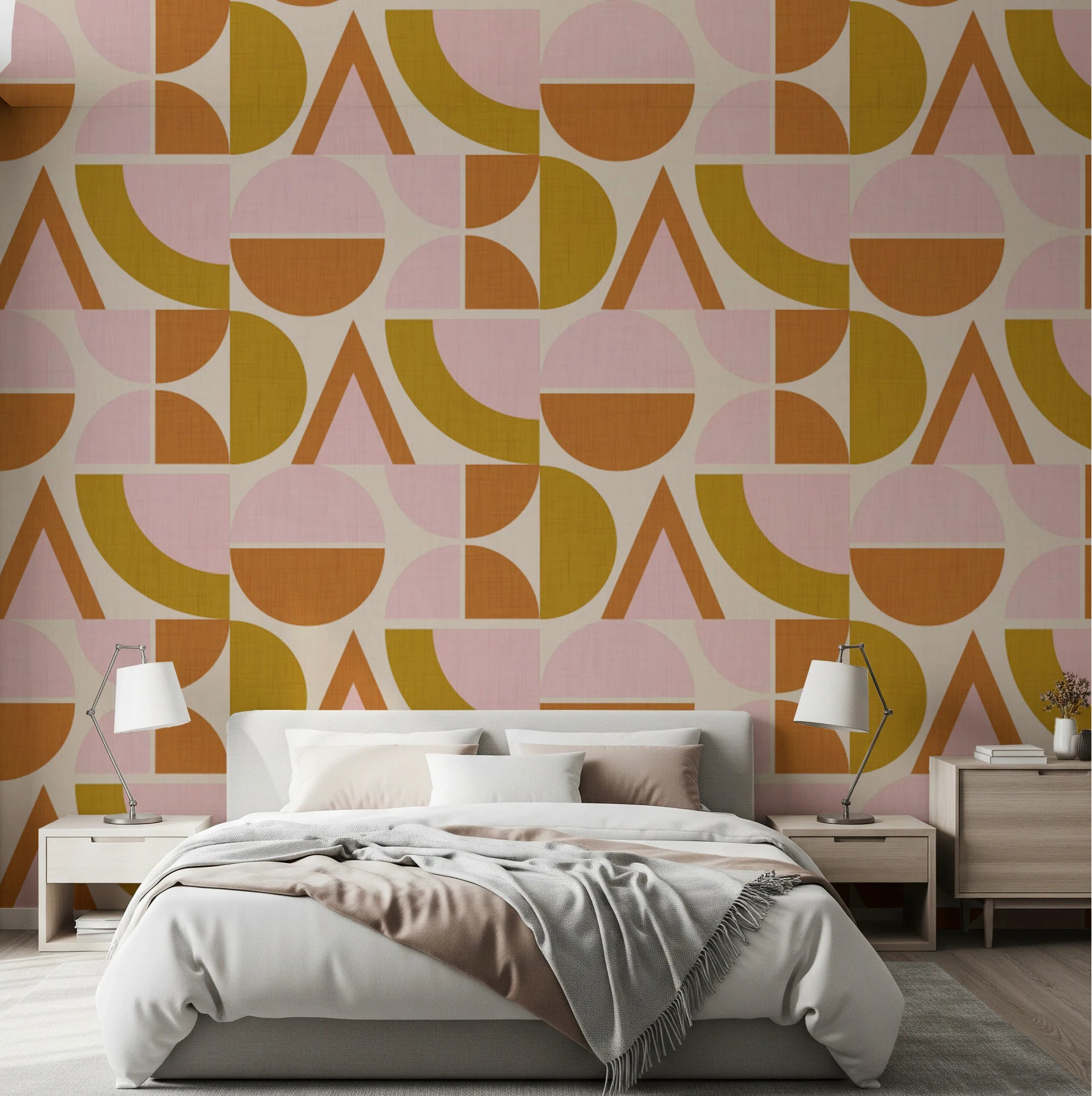 Mid-Century Modern Geometric Arches wallpaper in a bedroom with warm tones, GD8711
