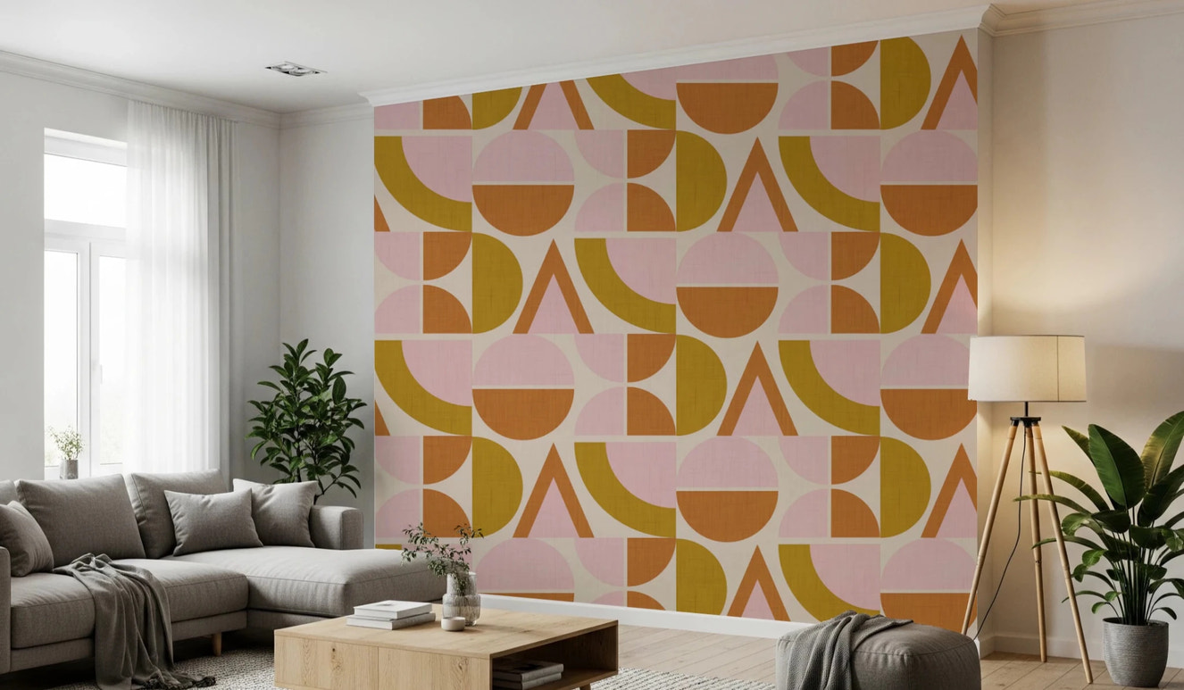 Mid-Century Modern Geometric Arches & Halves Pink Mustard Terracotta  Wallpaper⁠