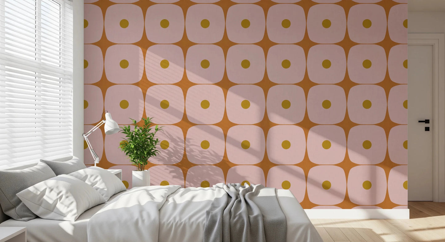 Pink mustard terracotta wallpaper with Geometric Squares and dot accents