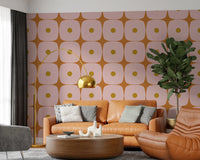 Geometric Squares wallpaper in pink mustard tones with bold structured rhythm