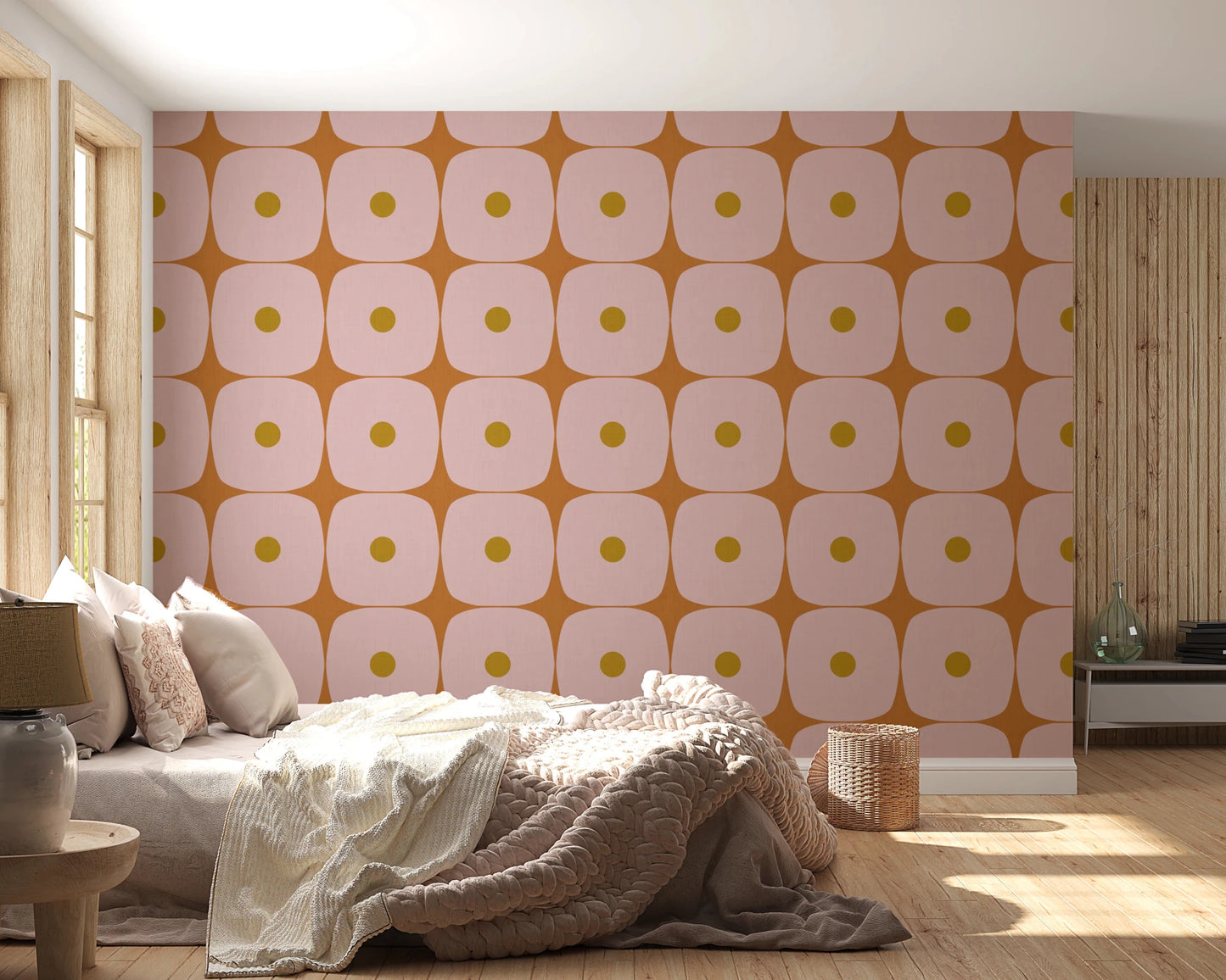 Bedroom styled with Geometric Squares with Dots wallpaper in pink mustard terracotta