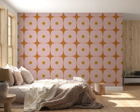 Bedroom styled with Geometric Squares with Dots wallpaper in pink mustard terracotta