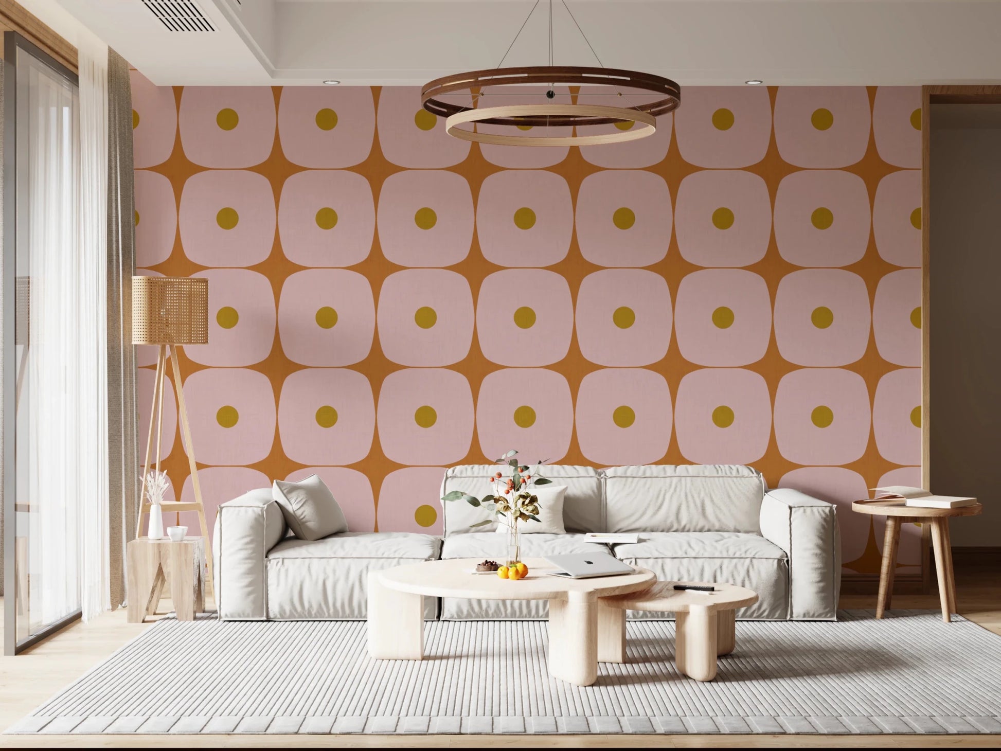 Hallway wall featuring Mid Century Modern wallpaper with rounded square shapes
