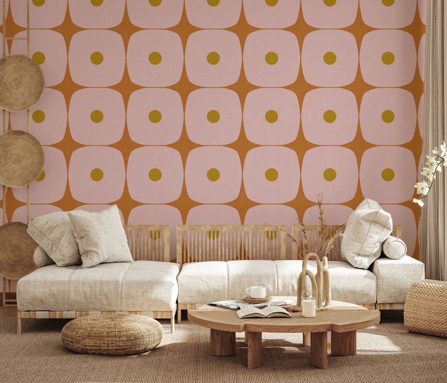 Office Home space with Geometric Squares wallpaper in pink terracotta and mustard