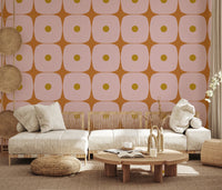 Office Home space with Geometric Squares wallpaper in pink terracotta and mustard