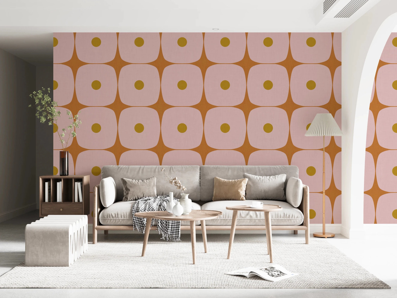 Mid Century Modern Geometric Squares with Dots Pink Mustard Terracotta Wallpaper⁠