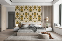 Ecru and olive geometric wall mural, fanciful Mid-Century Harmony print.