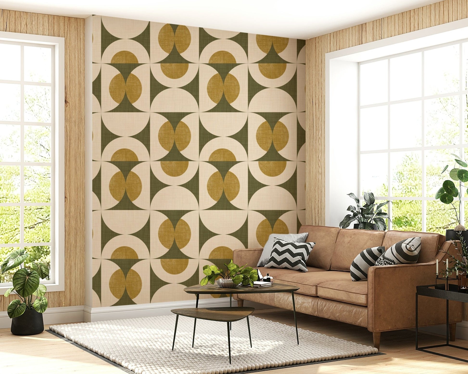 Curious Mid-Century Modern Harmony Wallpaper, mustard and sylvan wall mural.