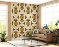 Curious Mid-Century Modern Harmony Wallpaper, mustard and sylvan wall mural.