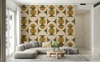 Gaudy green and beige wallpaper mural, dapper retro Harmony pattern.