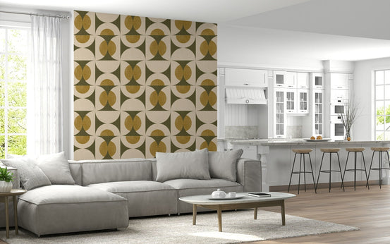 Mid-Century Modern Harmony Wallpaper, ochre geodesic design, textured wall mural., GD6584