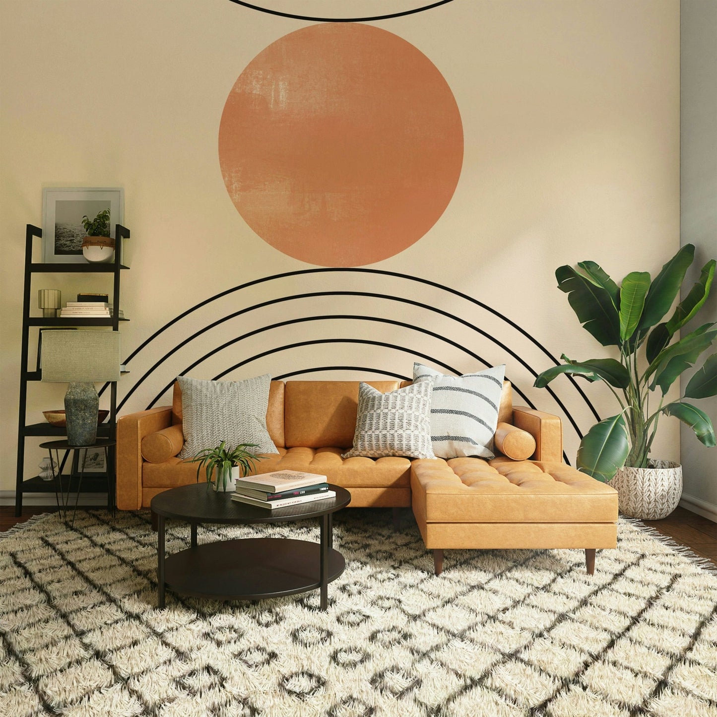 Mid-Century Minimalism wall mural brings neat balance to a quiet Living room 