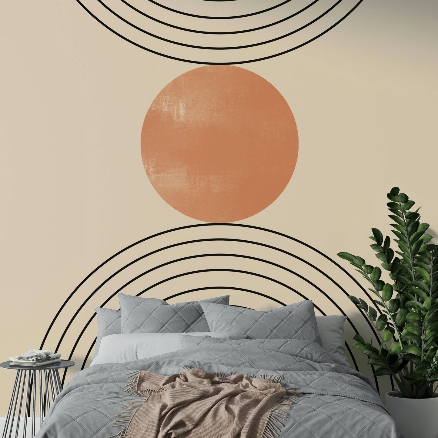 Gentle curves in this Mid-Century wall mural suit a fresh and tidy guest room