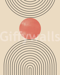 Mid-Century Modern Minimalism wall mural with black arches and coral circle accent