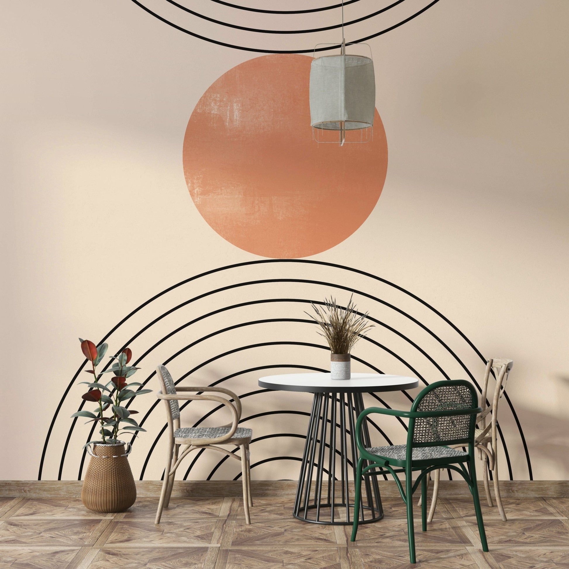 dining table styling feels smarter with the Mid-Century wall mural and arch details
