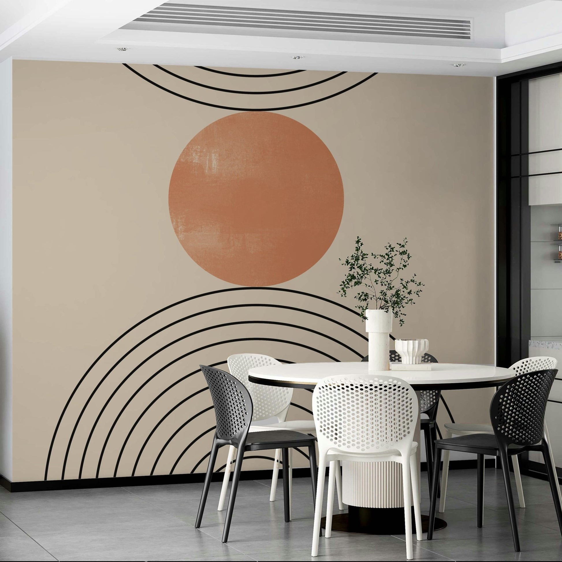 The dining room gets a bold focal point from this Mid-Century wall mural setup