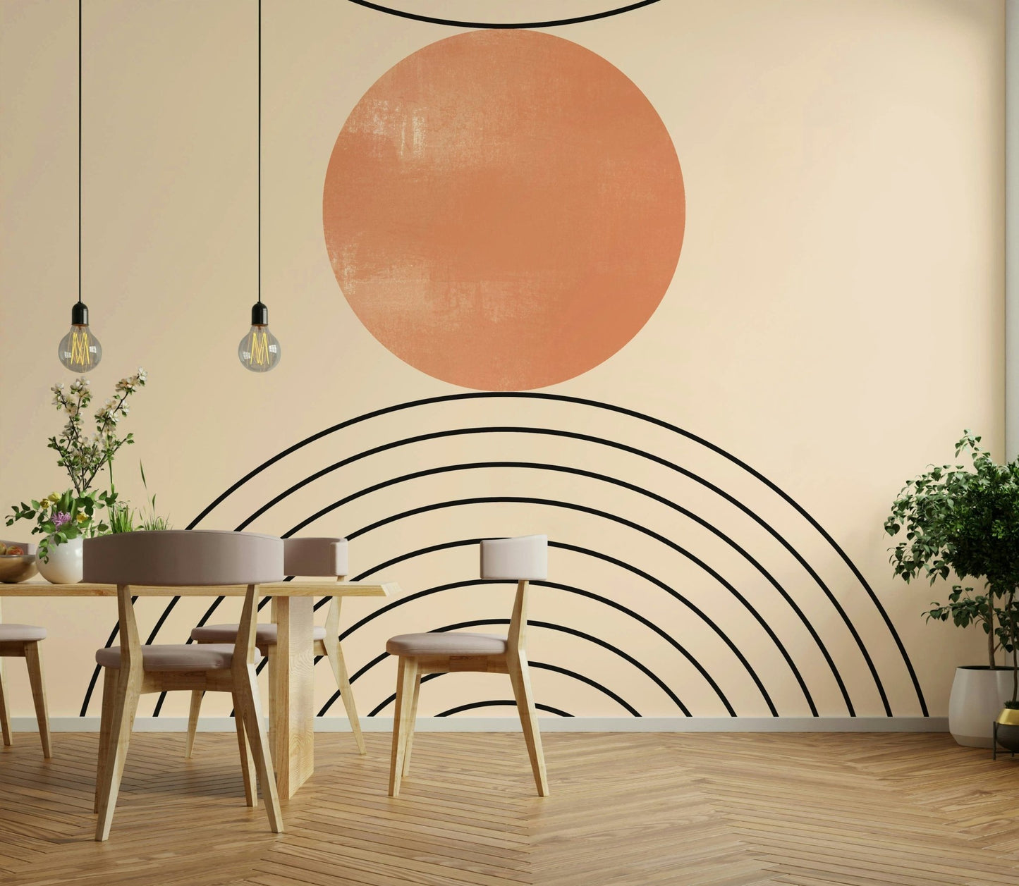 For a Dining room , the Mid-Century Modern wall mural keeps the look simple and warm