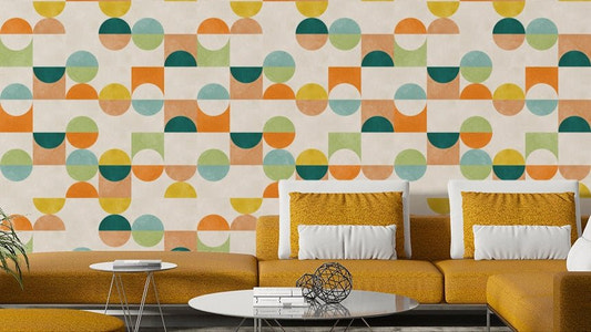 The colors are a retro palette of muted green, burnt orange, teal, and beige.

