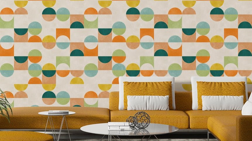 The colors are a retro palette of muted green, burnt orange, teal, and beige.

