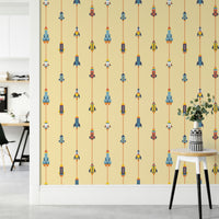 The wallpaper is installed in a modern, eclectic living room.

