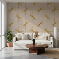 Home office wall featuring Mid Century Modern wallpaper with radiating mustard lines