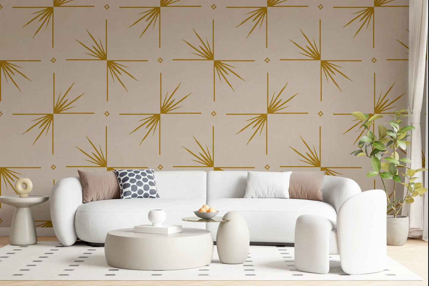 Mid Century wallpaper showing angular burst lines across a calm cream surface