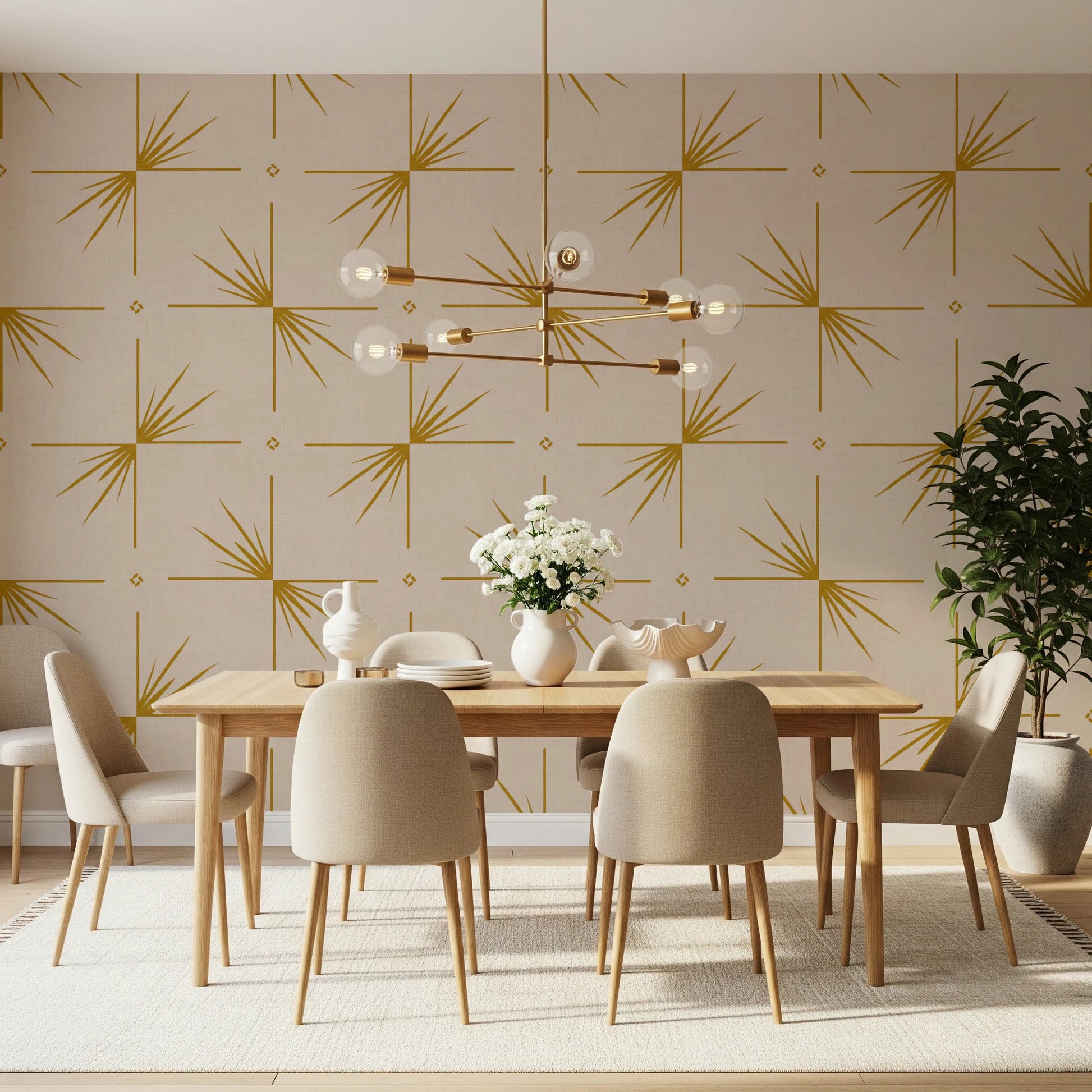 Mid Century Modern Starburst Cross Mustard Cream Wallpaper with fine line bursts