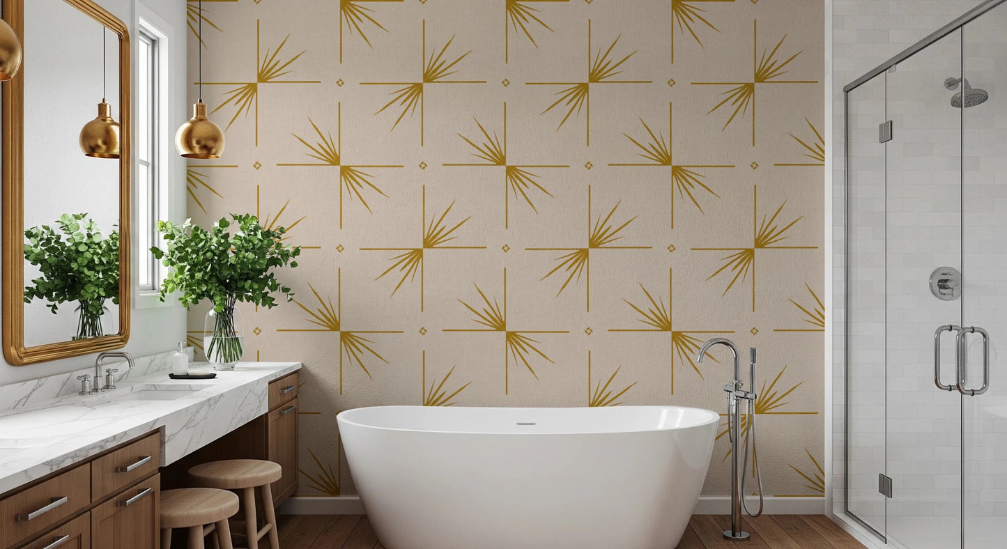 Bathroom setup with Mid Century Starburst wallpaper on a textured cream base