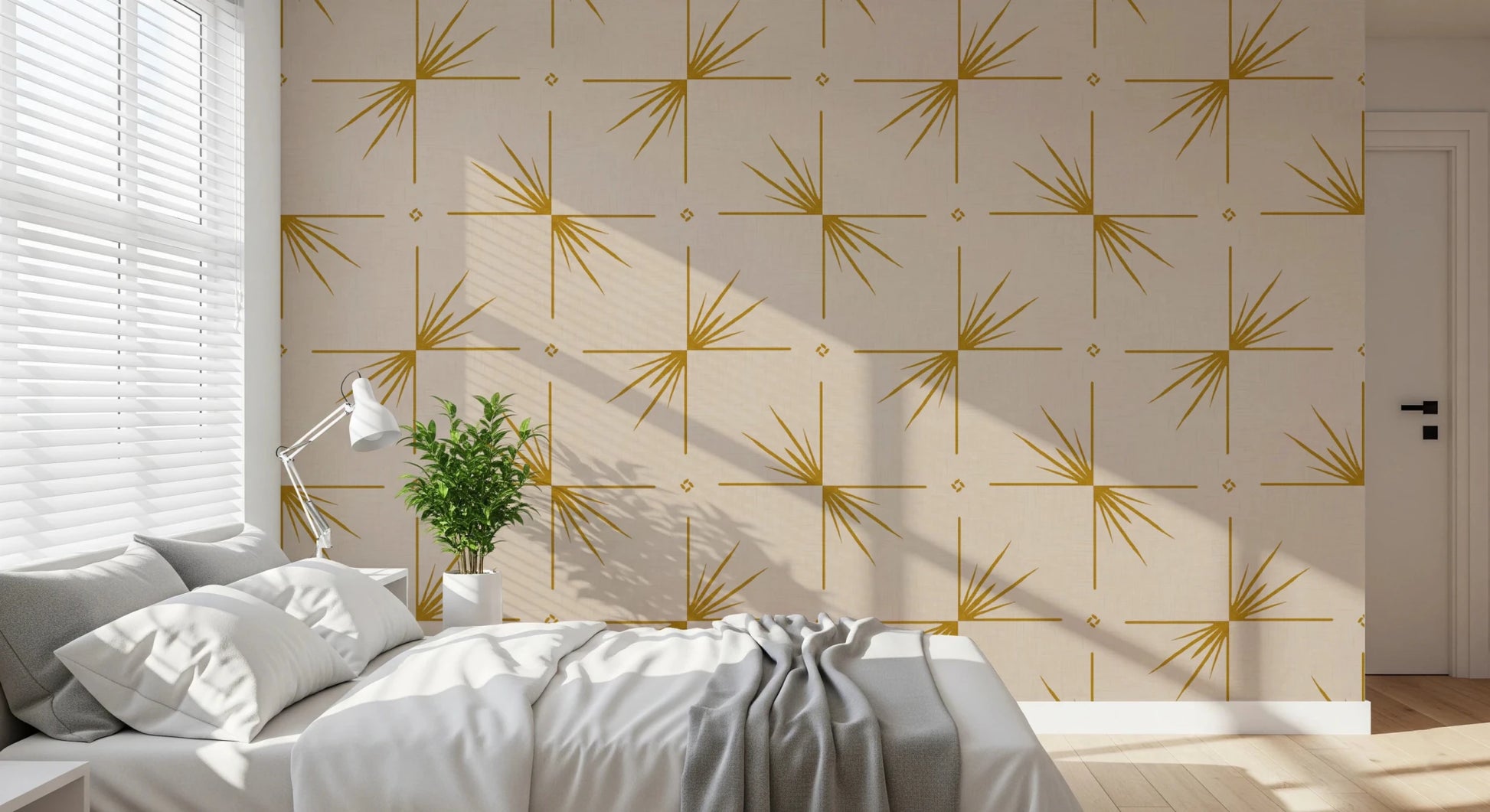 Geometric cream wallpaper with Starburst Cross details and warm mustard contrast
