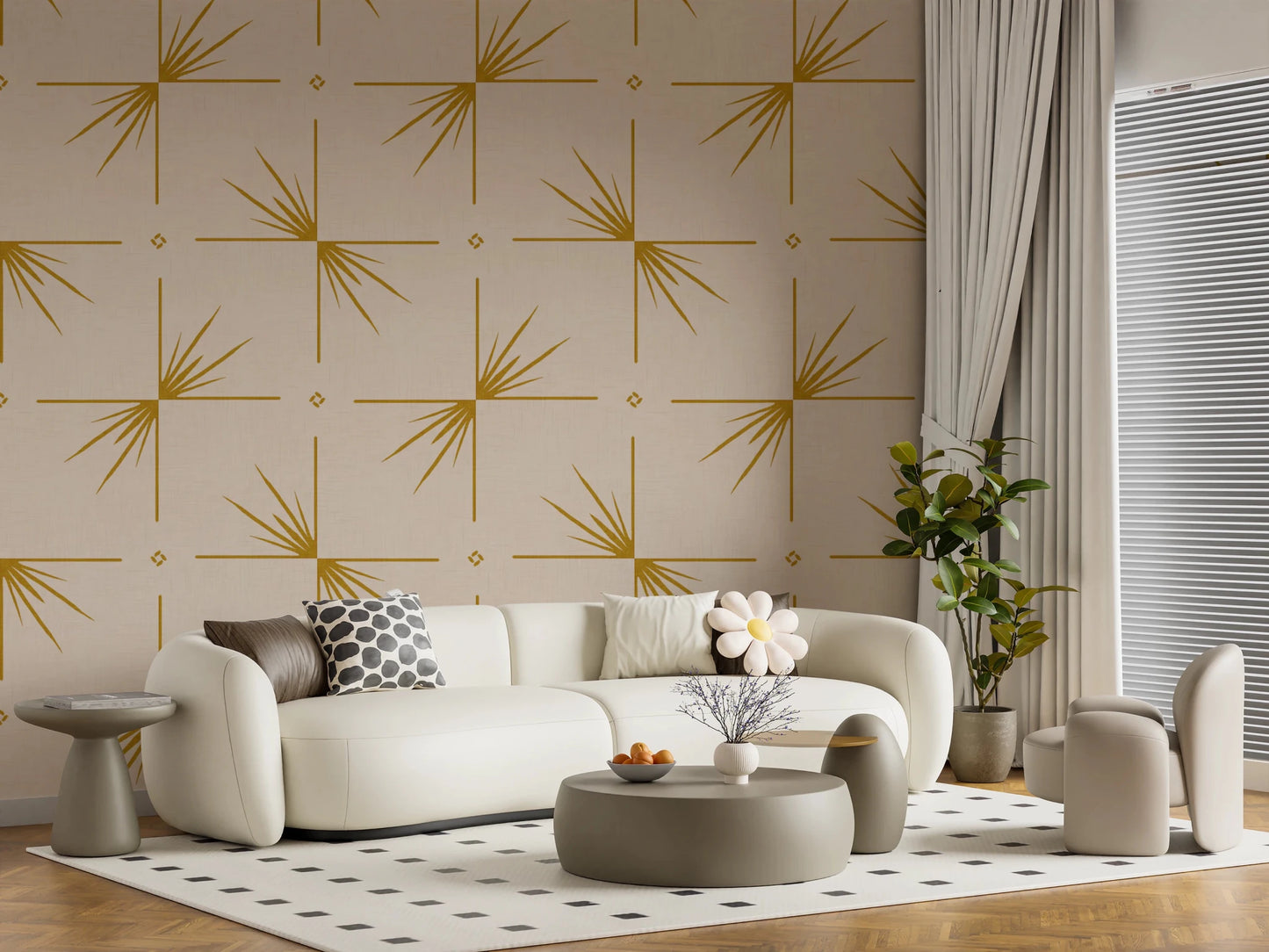 Mid Century Modern Starburst wallpaper in mustard cream with open spacing
