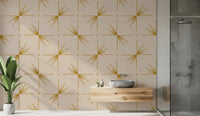 Mid Century Modern Starburst Cross wallpaper in a bathroom with mustard cream