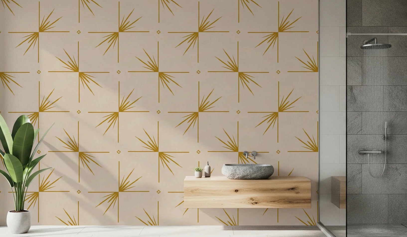Mid Century Modern Starburst Cross wallpaper in a bathroom with mustard cream, GD8710