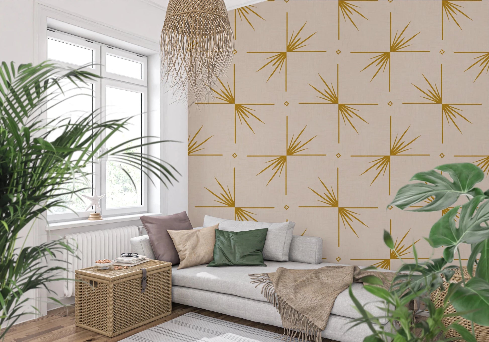 Hallway styled with Starburst Cross wallpaper in soft cream and mustard tones