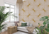 Hallway styled with Starburst Cross wallpaper in soft cream and mustard tones