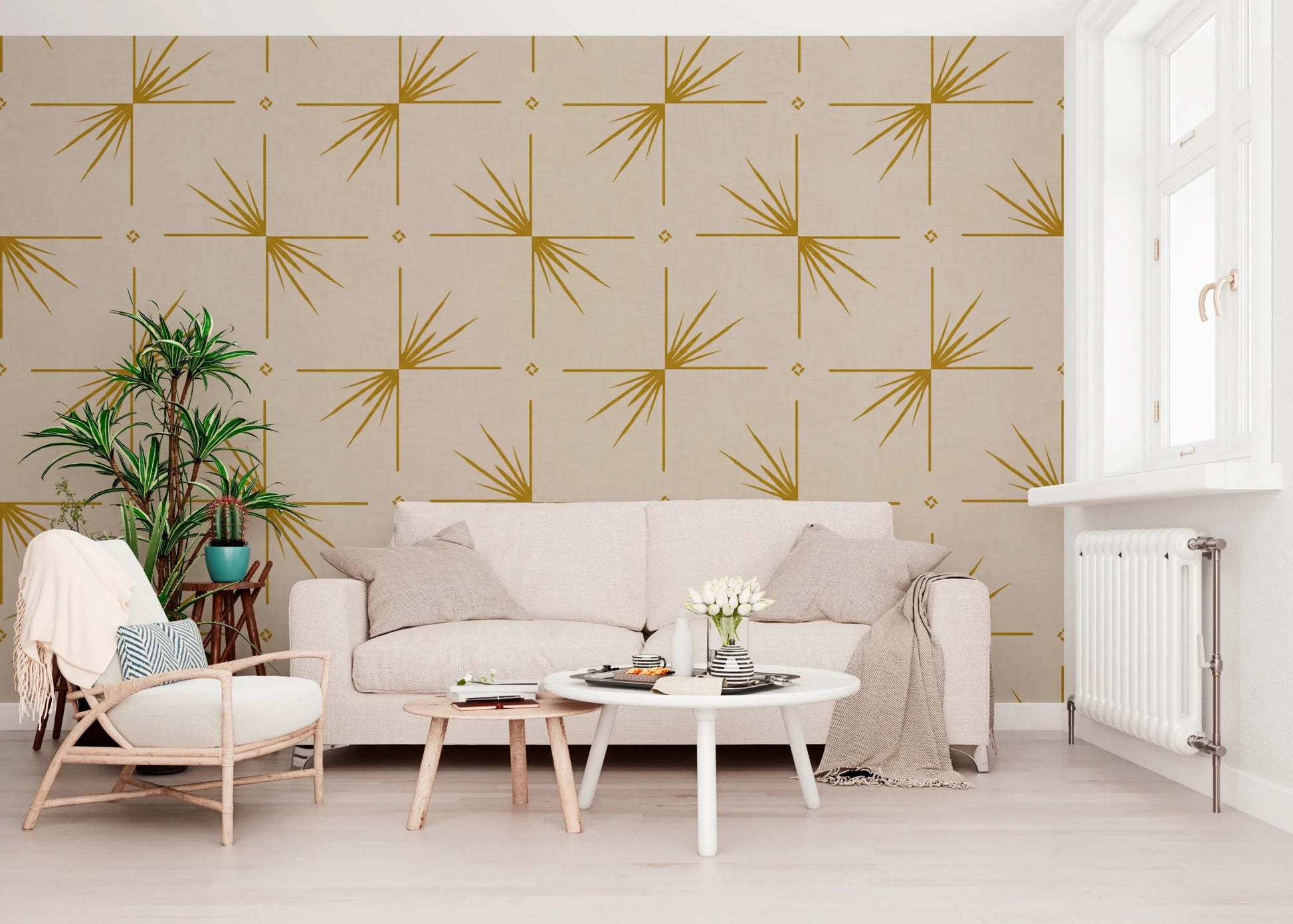 Minimal retro wallpaper with Starburst Cross pattern and textured neutral ground