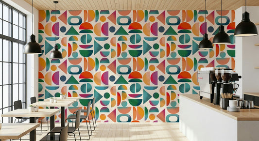 Mid-Century Pop Wallpaper mural in a retro living room with mustard yellow accents.