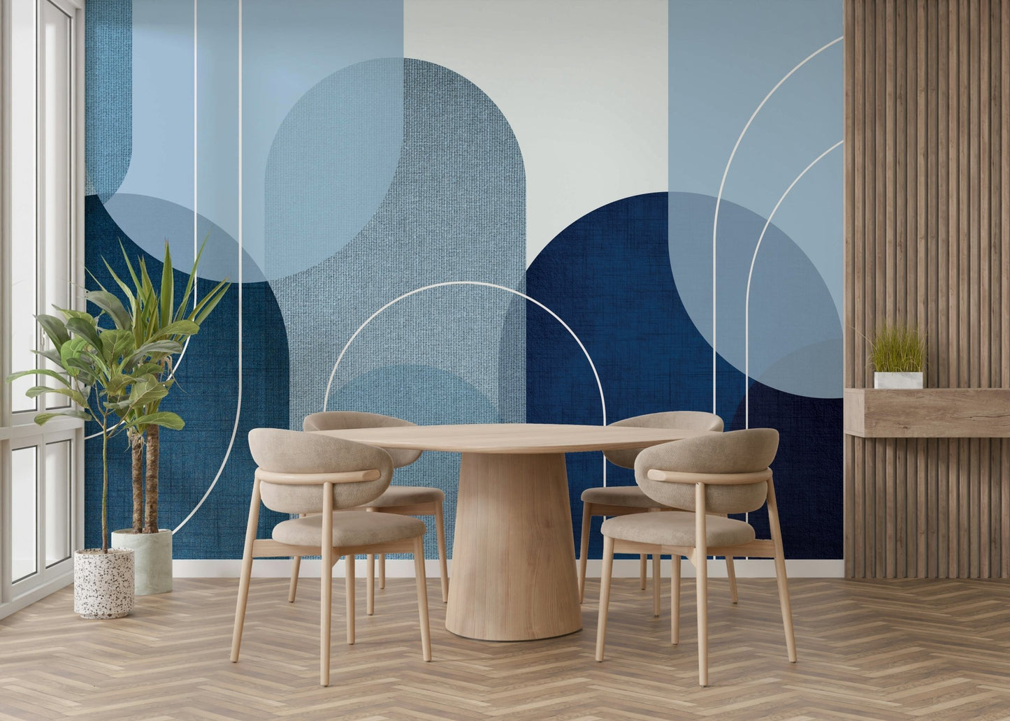 Elegant Mid Century Mural in Serene Blue Shades

