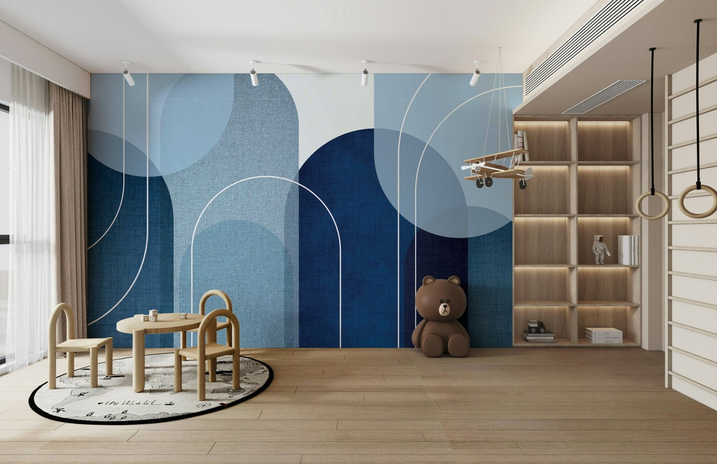 Peaceful Blue Mid Century Mural for Walls

