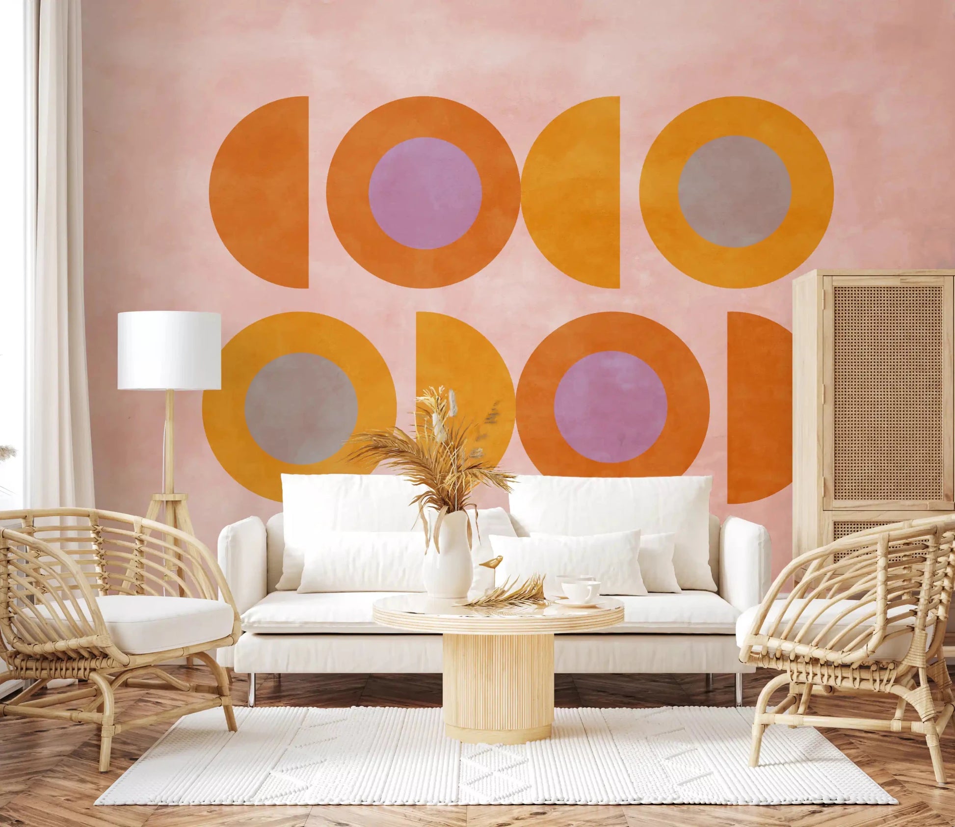 Hallway sunset shapes wall mural showing orange forms on pink base