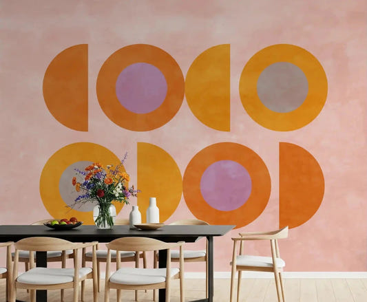 Dining area geometric wall mural with warm orange sunset styling