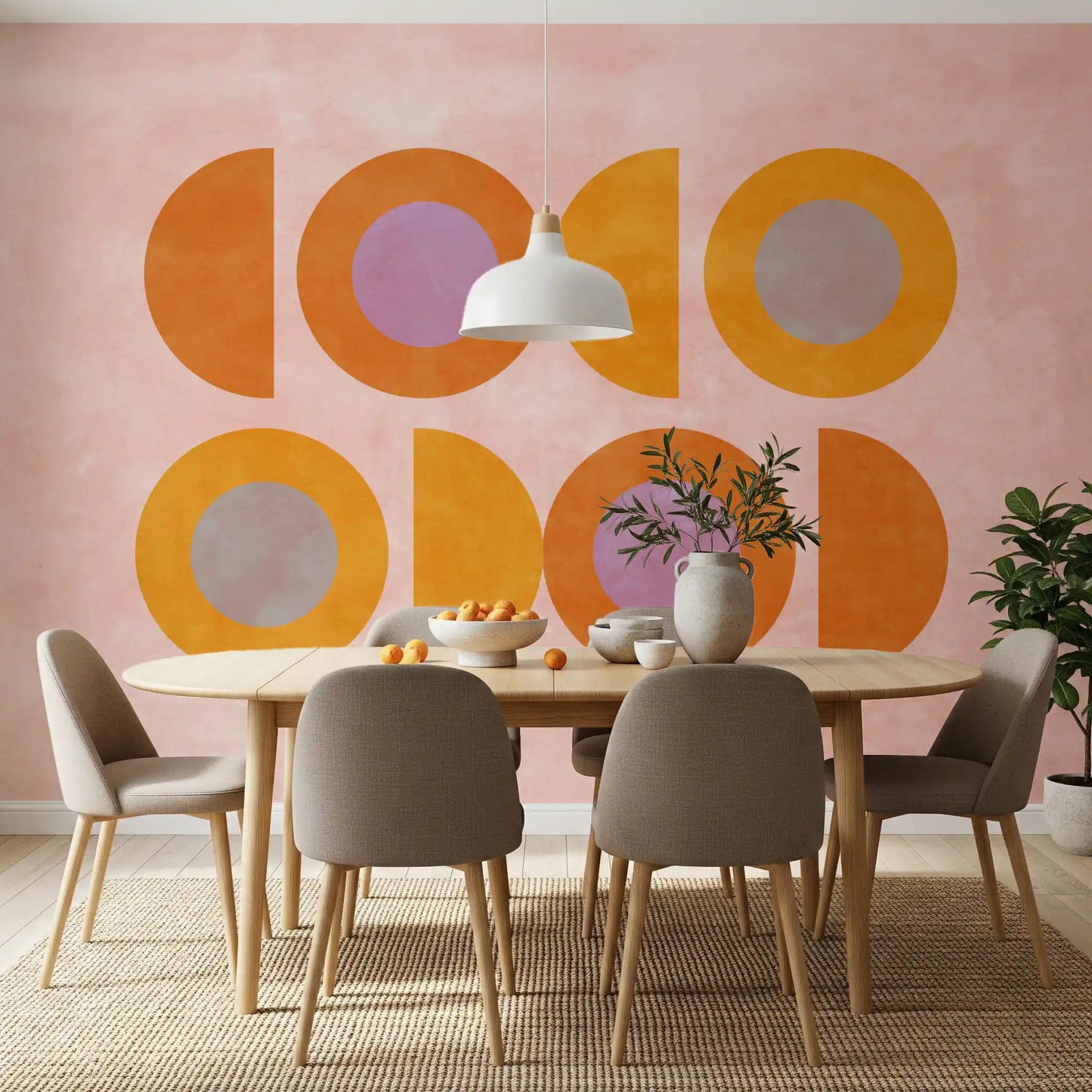 Abstract wall mural with orange, yellow, pink, and lavender forms