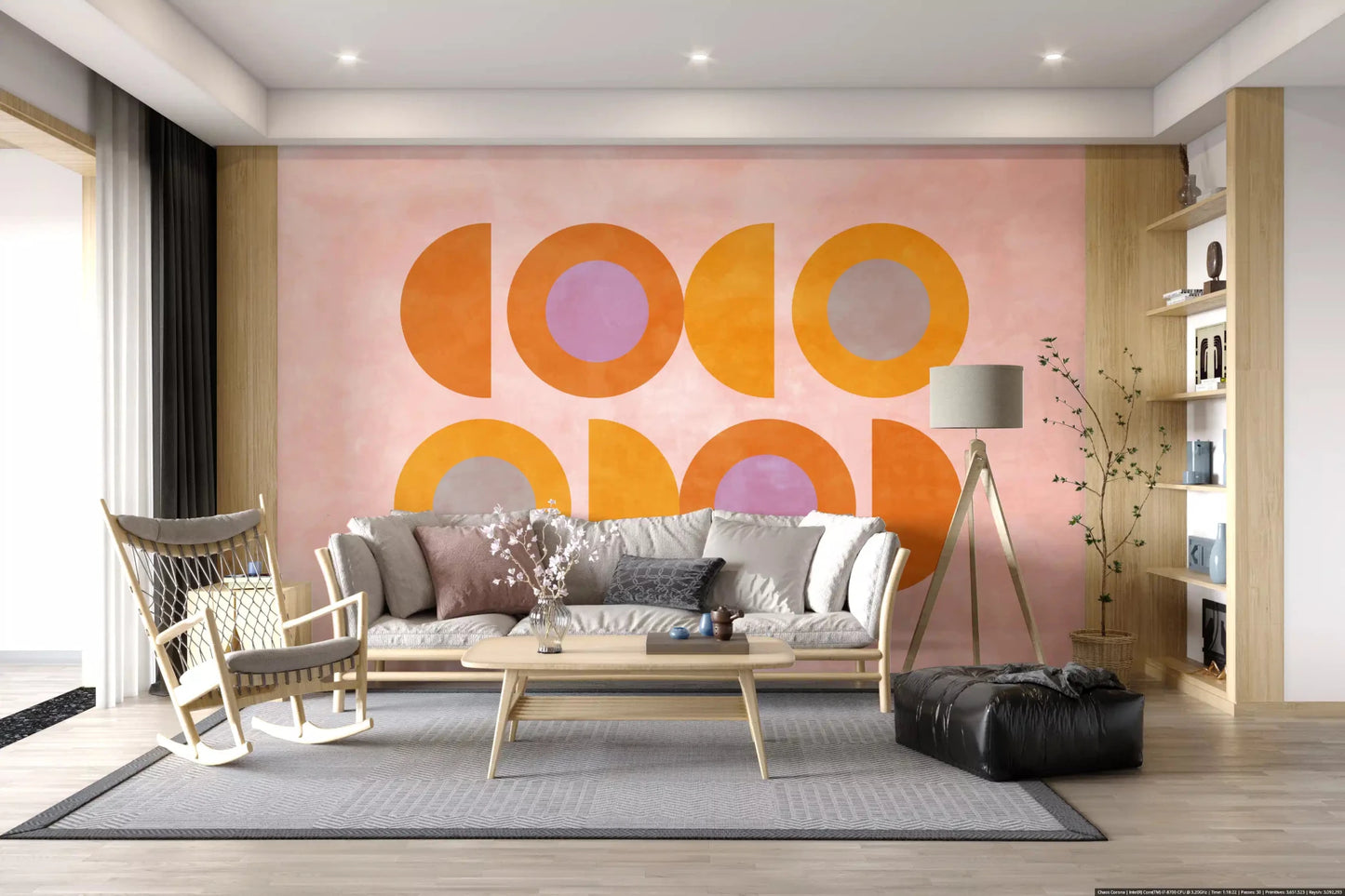 Sunset shapes mural with yellow rings and soft purple center details