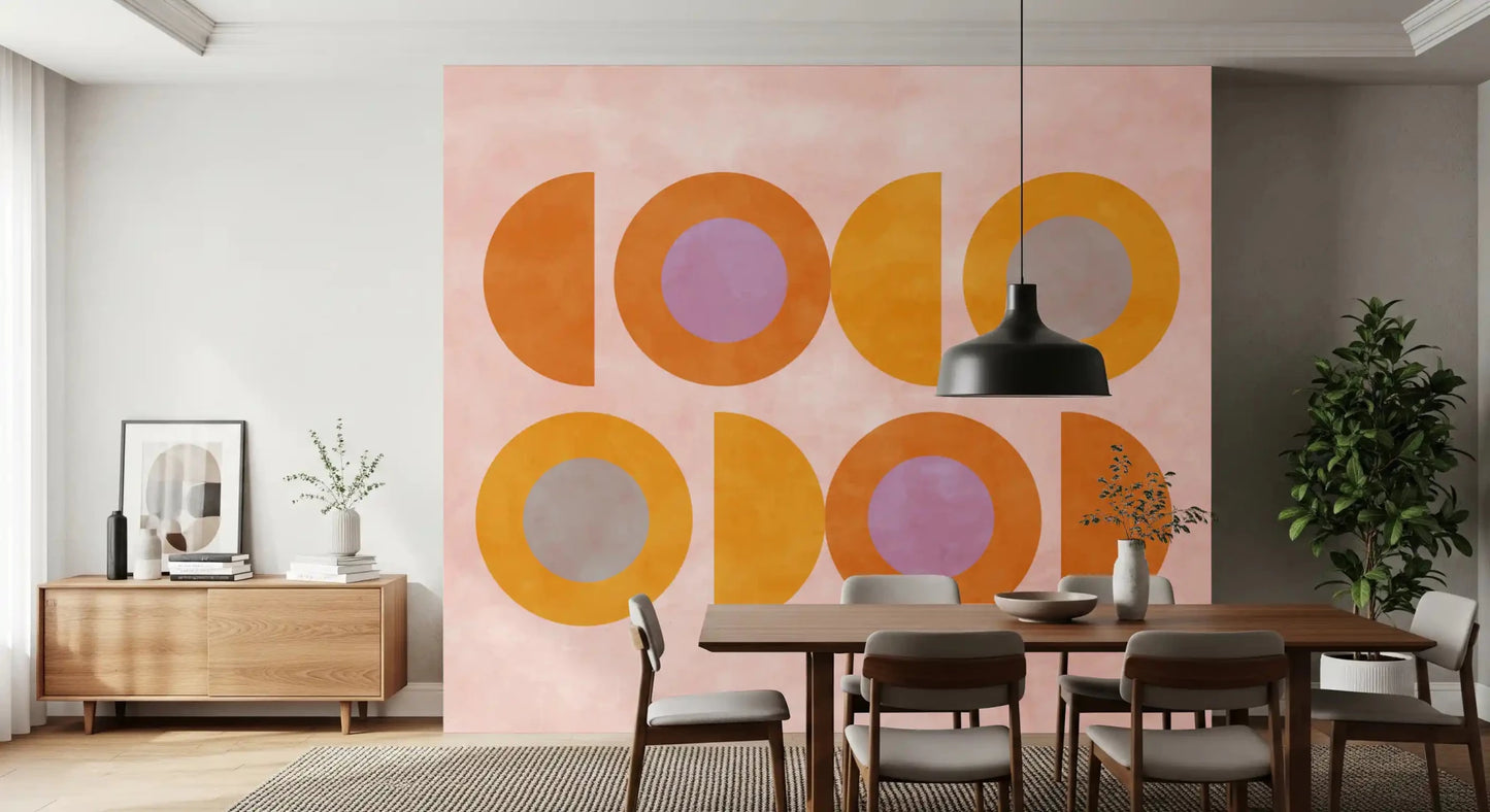Dining room mid-century wall mural with bold circles and half-moons