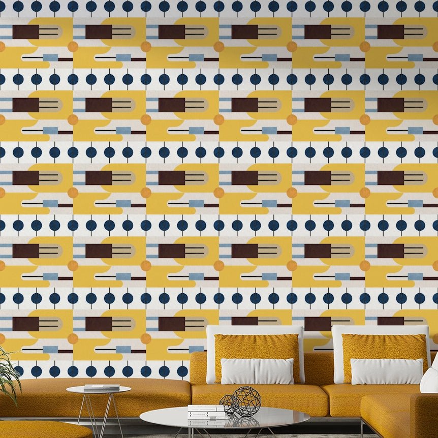 Retro modern interior with Mid Century Wallpaper backdrop

