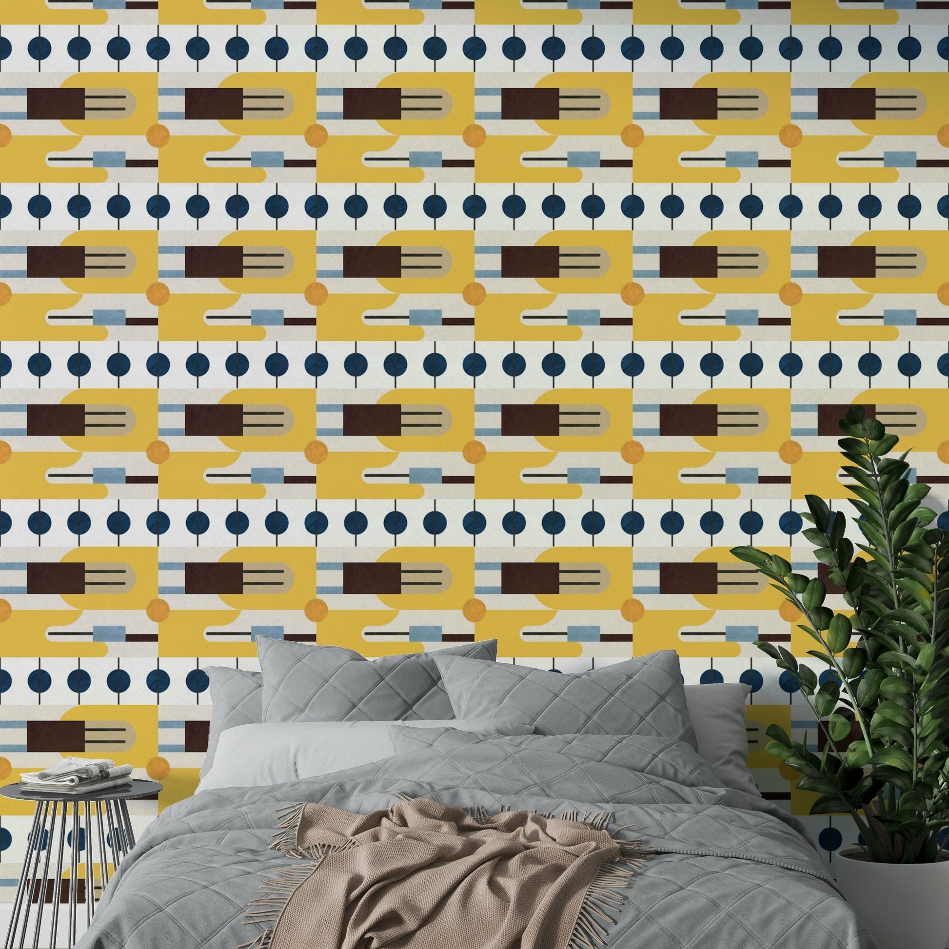 Mid Century Wallpaper paired with wood and brass decor

