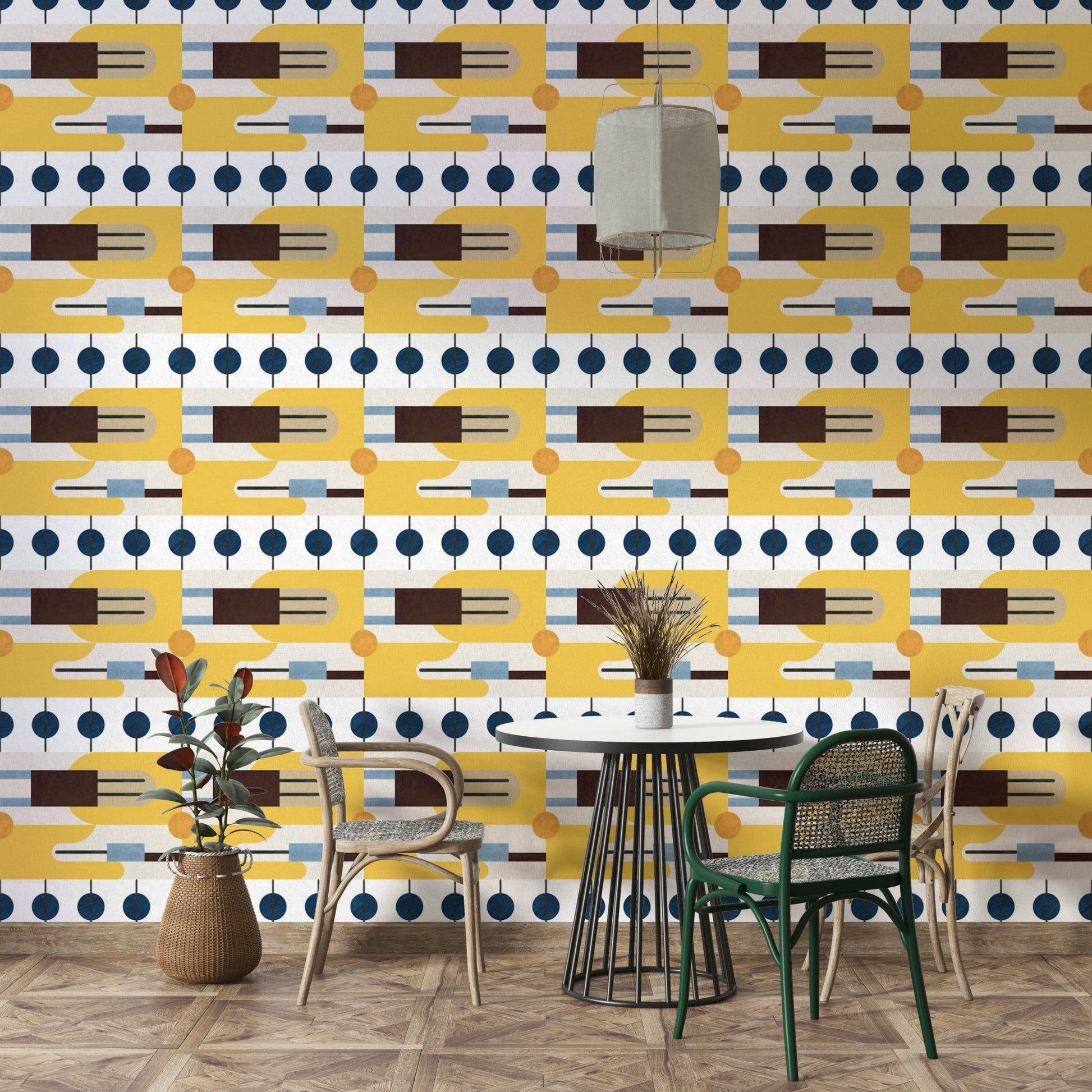 Creative studio styled with Mid Century patterned wallpaper

